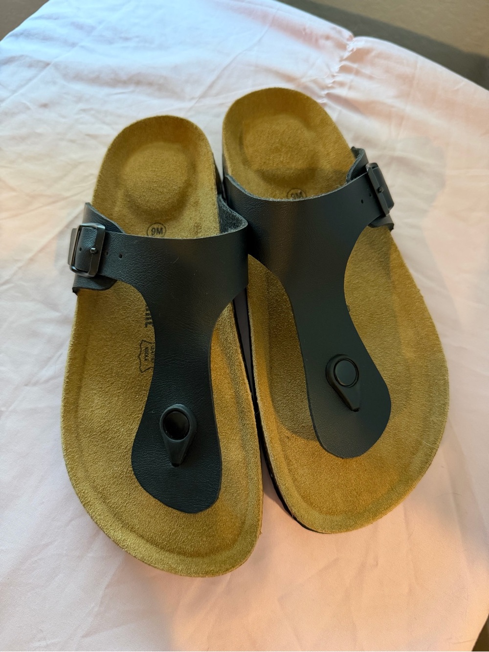 Cushionaire | Black Leather Thong Sandals with Suede Footbed
